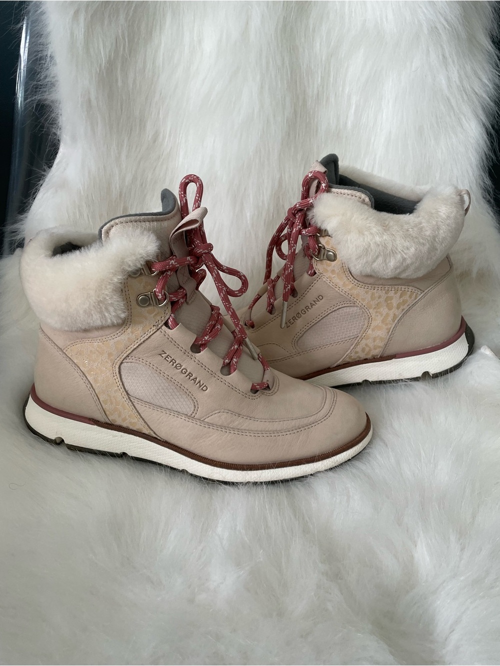 Cole Haan Taupe and Burgundy Shearling-Trim Hiker Boot